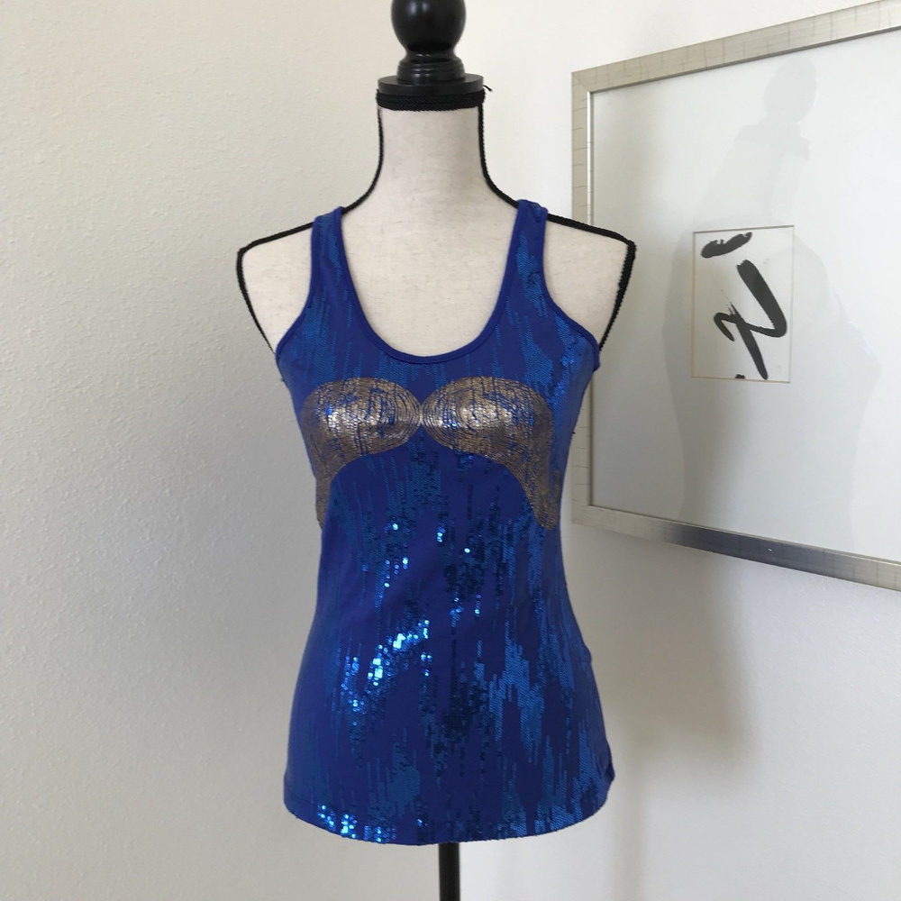 🌹🌹MICHELLE Mustache Tank Top size S Sequins Blue